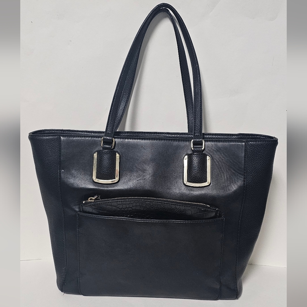 Nine West Womens Black Leather Double Strap Bottom Stud Tote Bag Removable Pouch
